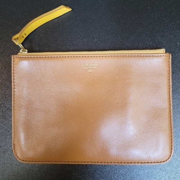 Fossil Slim Tan Leather Card Holder Zipper Pouch - Picture 1 of 7
